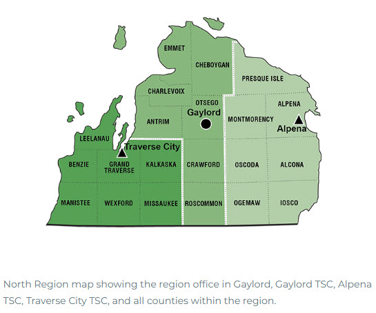 Map of the Michigan Department of Transportation 's Superior Region showing the region office and transportation service centers. 